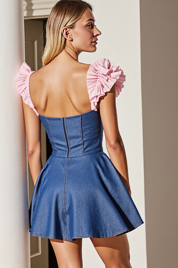Dark Blue Ruffled Square Neck A Line Homecoming Dress